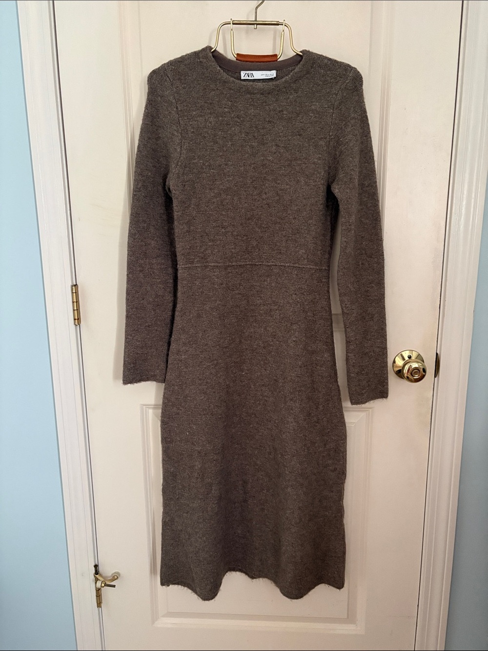 Zara Chocolate Brown Long-Sleeve Knit Midi Sweater Dress